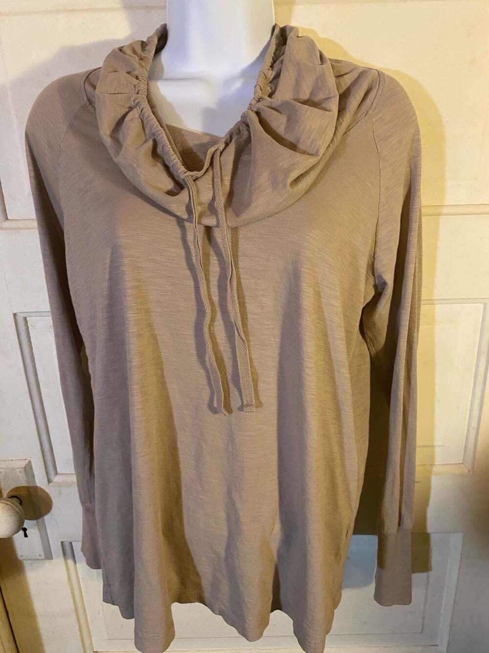 Lilla P Long Sleeve Cowl Neck Drawstring Tunic Top Medium Taupe